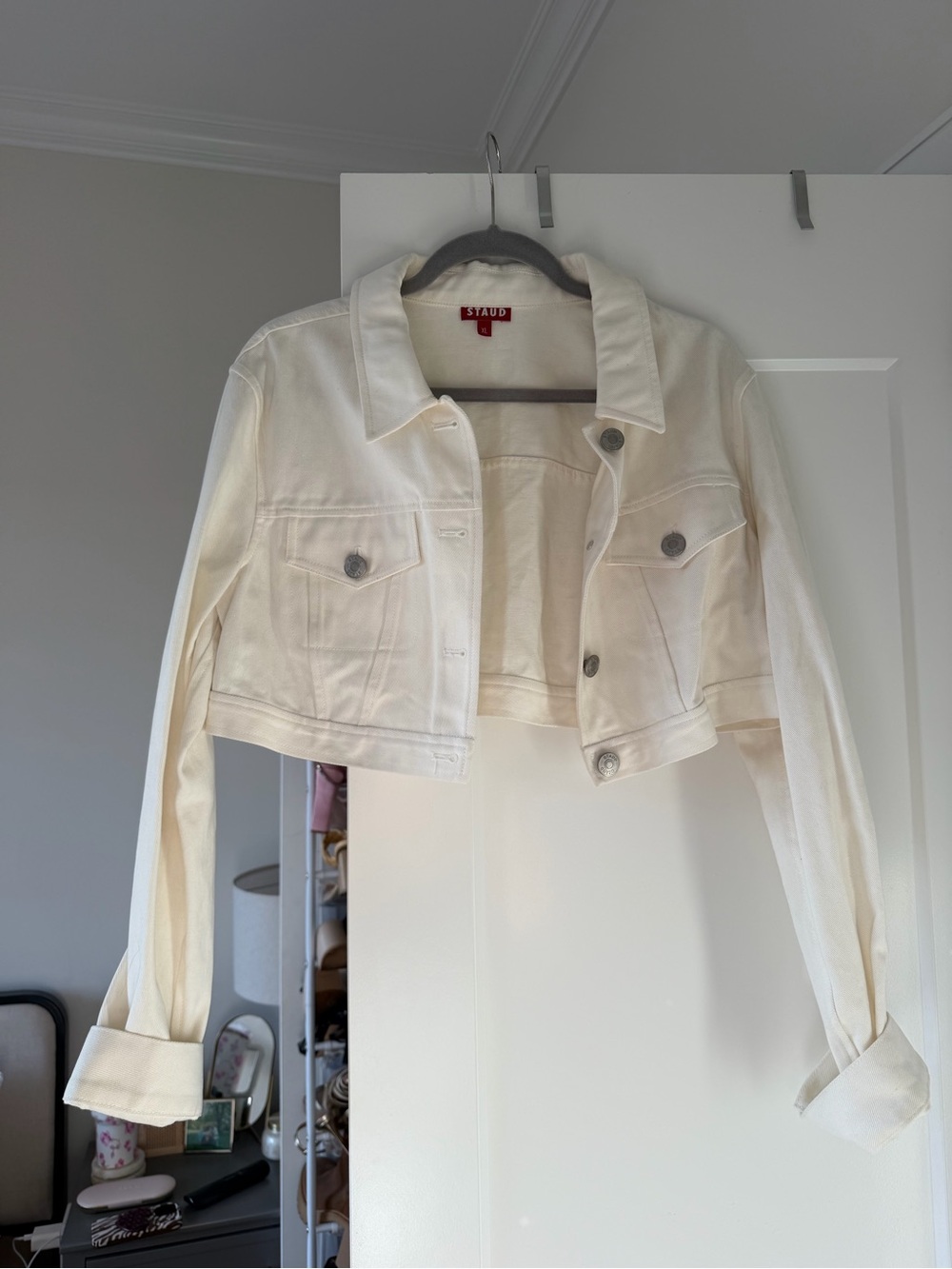 STAUD Cream/White Cropped Denim Jacket - Boxy Trucker Style
